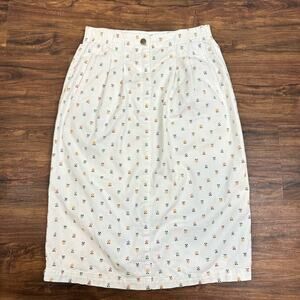 Vintage White Ditsy Floral Pleated Belted Midi Jean Skirt 8 M 80s 90s